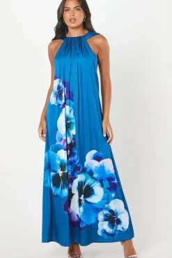 Satin Floral Print Volume Maxi Wedding Guest Dress