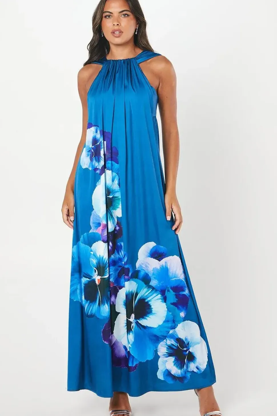 Satin Floral Print Volume Maxi Wedding Guest Dress