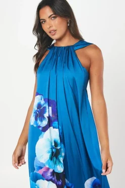 Satin Floral Print Volume Maxi Wedding Guest Dress