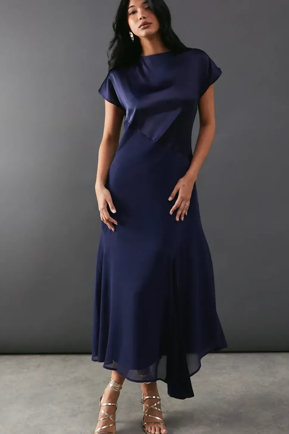 Satin Georgette Panelling Asymmetric Hem Midi Dress