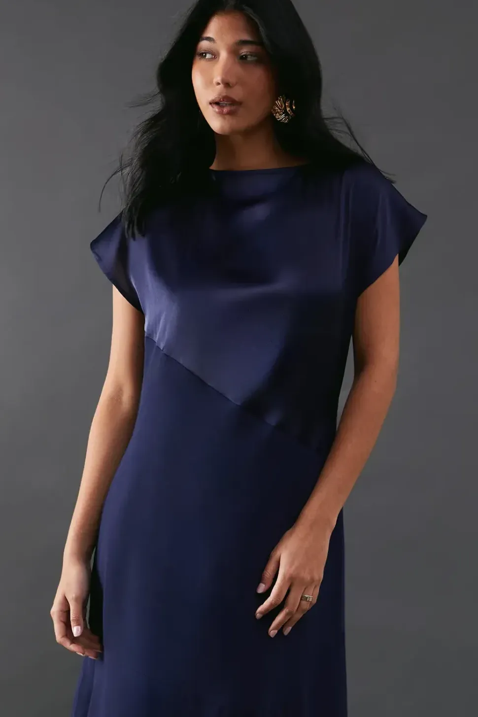 Satin Georgette Panelling Asymmetric Hem Midi Dress