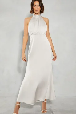 Satin Halter Bias Cut Maxi Bridesmaids Dress