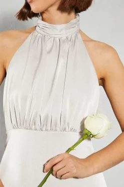 Satin Halter Bias Cut Maxi Bridesmaids Dress