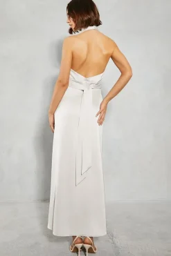 Satin Halter Bias Cut Maxi Bridesmaids Dress
