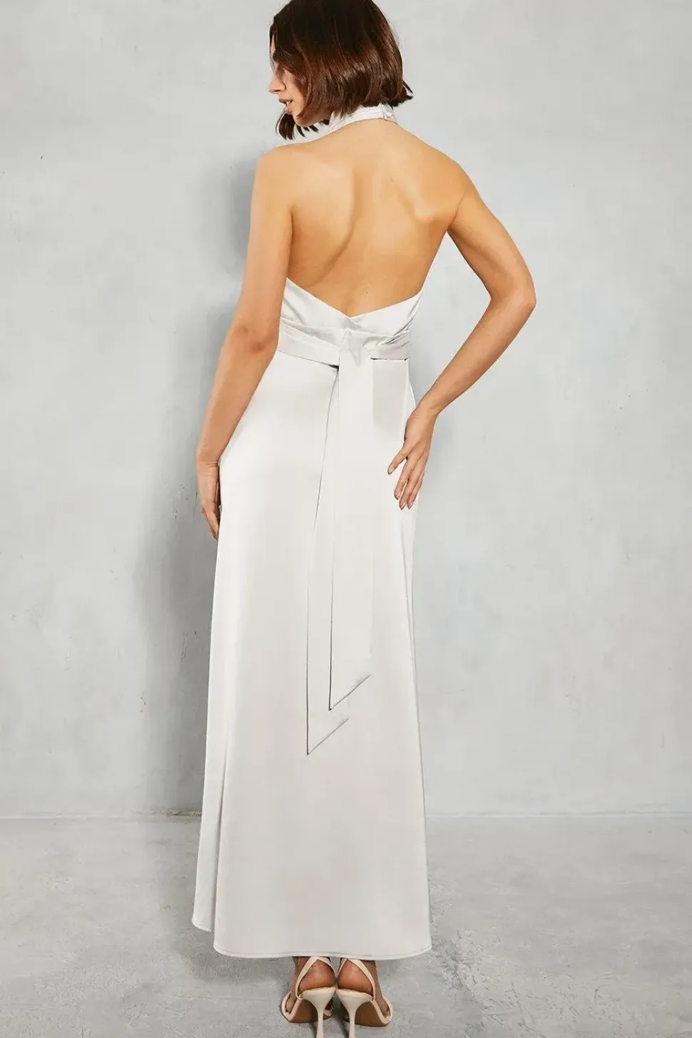 Satin Halter Bias Cut Maxi Bridesmaids Dress