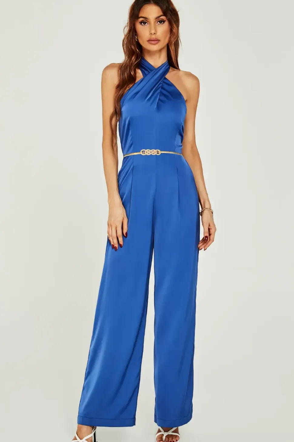 Satin Halter Neck Back Detail Jumpsuit In Blue