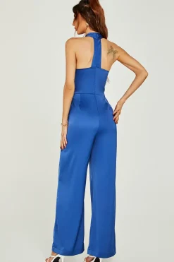 Satin Halter Neck Back Detail Jumpsuit In Blue