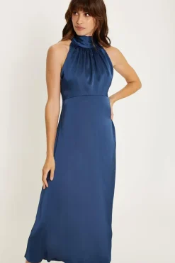 Satin Halter Neck Midi Bridesmaids Dress