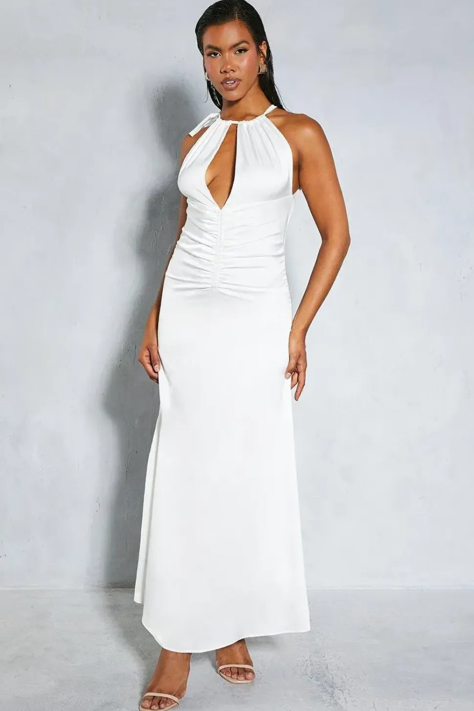 Satin Halterneck Ruched Front Maxi Dress