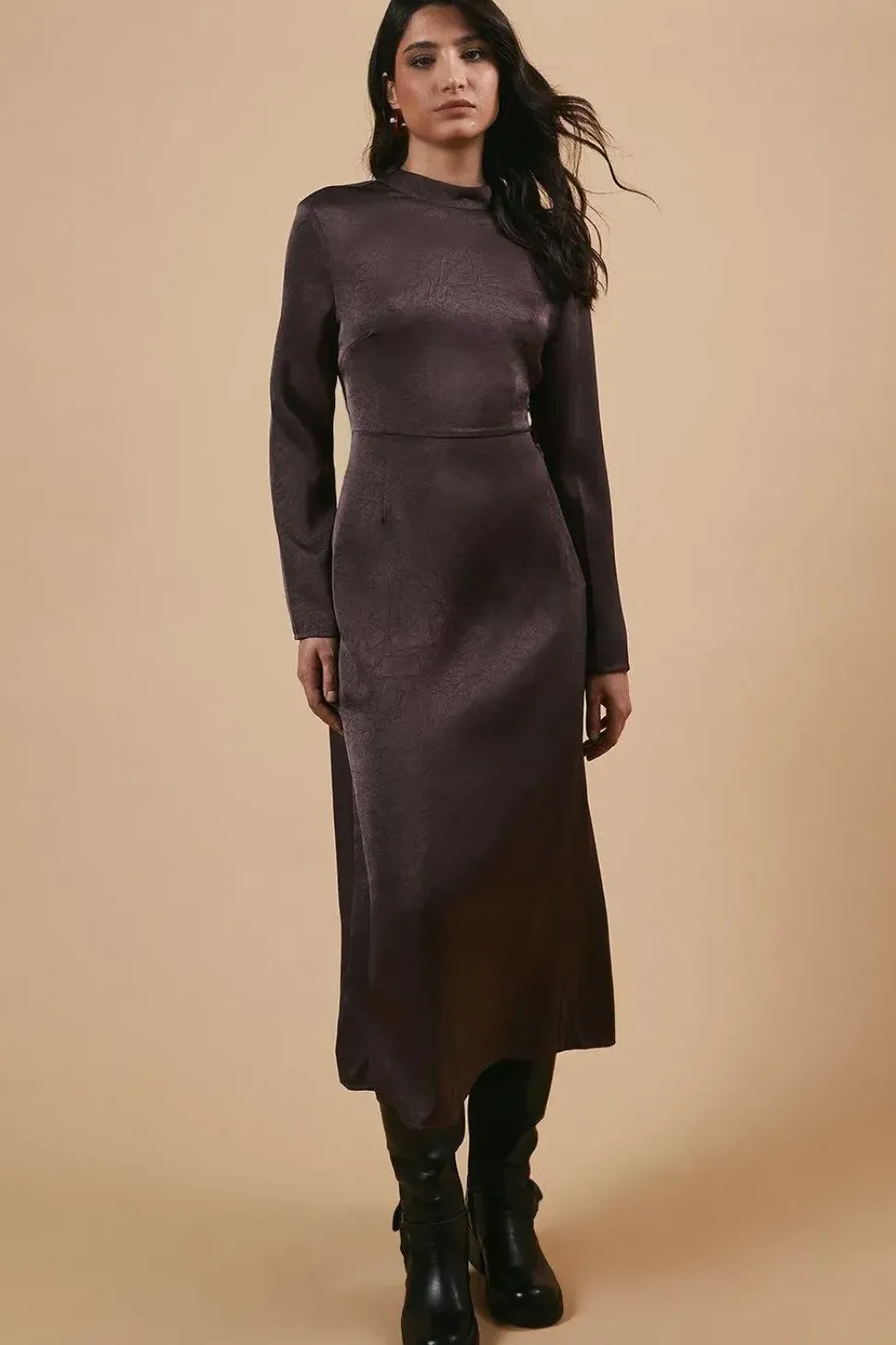 Satin High Neck Twist Back Midi Dress