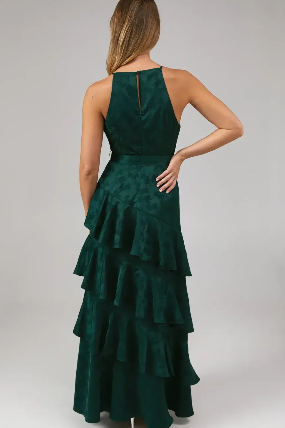 Satin Jacquard Ruffle Halter Neck Bridesmaids Dress
