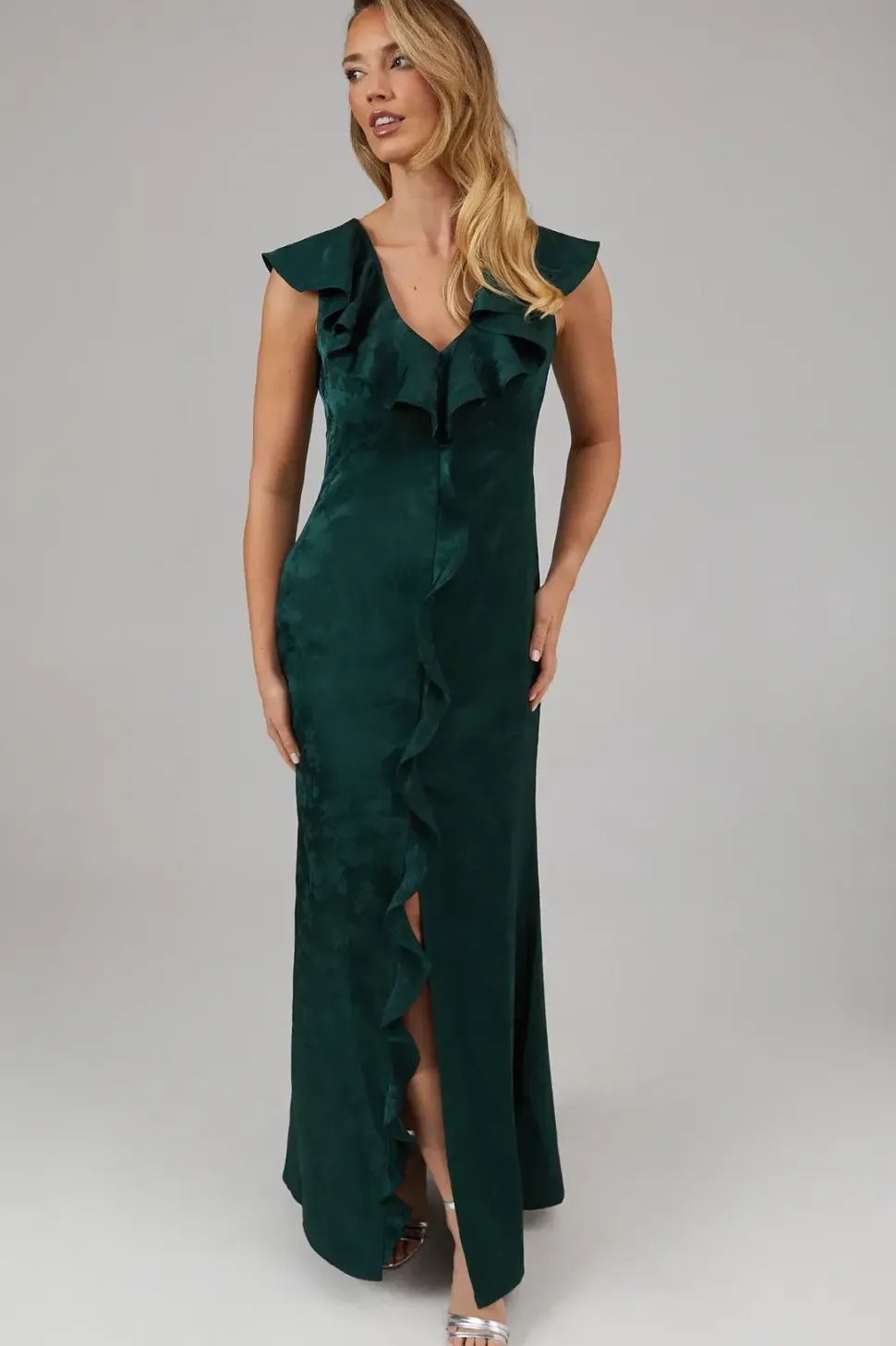 Satin Jacquard Ruffle V Neck Bridesmaids Dress