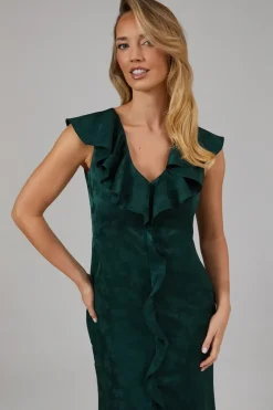 Satin Jacquard Ruffle V Neck Bridesmaids Dress