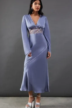 Satin Lace Insert Flute Sleeve Midi Dress