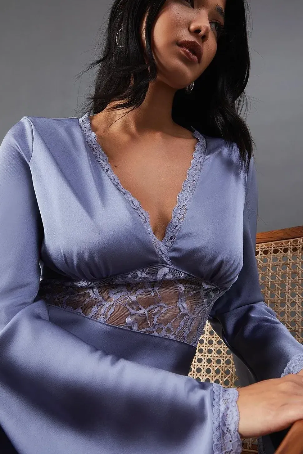 Satin Lace Insert Flute Sleeve Midi Dress