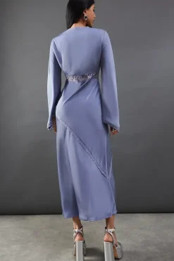 Satin Lace Insert Flute Sleeve Midi Dress