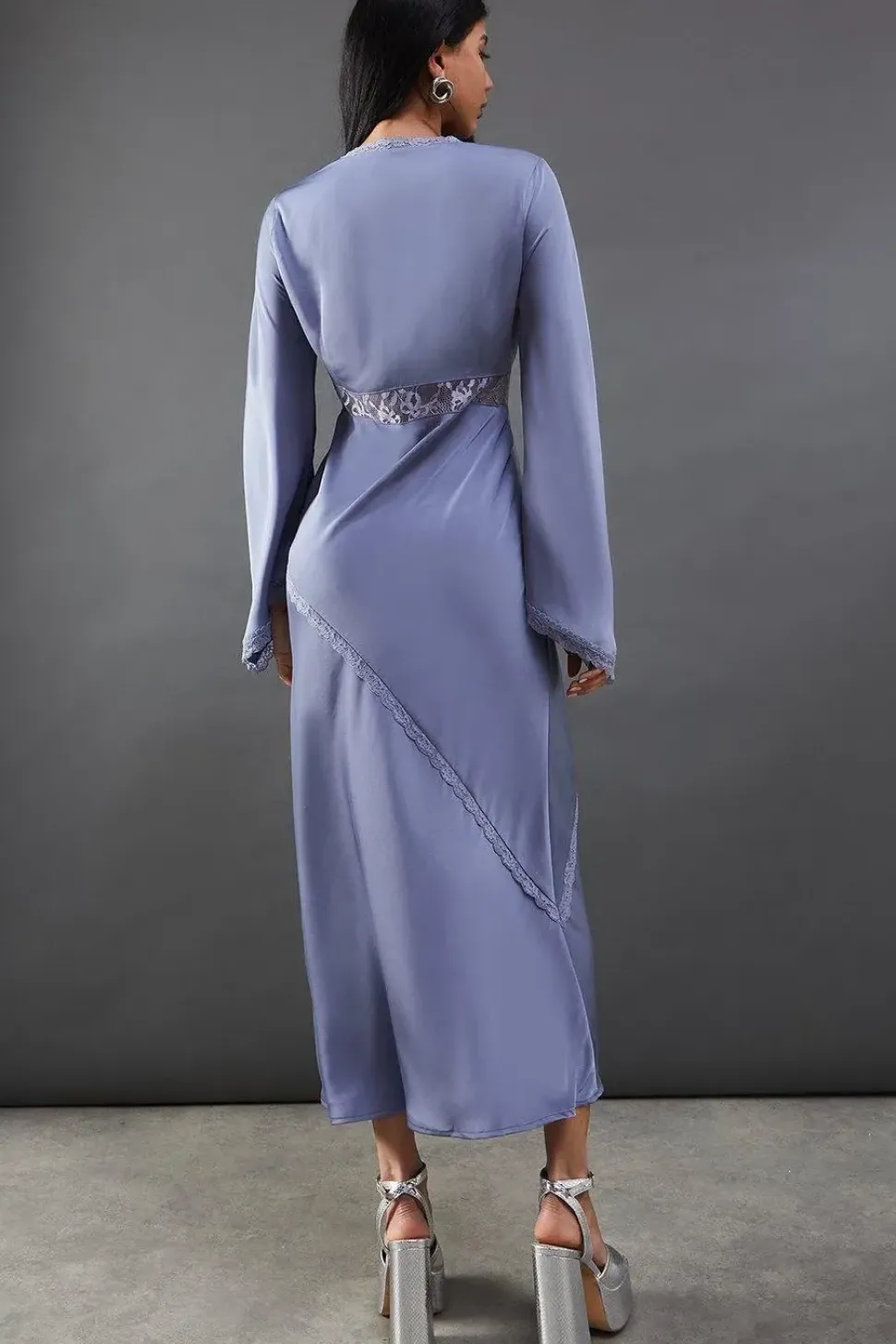 Satin Lace Insert Flute Sleeve Midi Dress