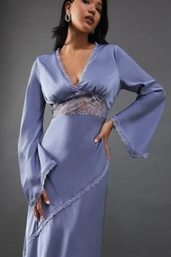 Satin Lace Insert Flute Sleeve Midi Dress