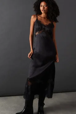 Satin Lace Insert Strappy Camisole Midi Slip Dress