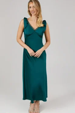Satin Lace Insert Tie Shoulder Midi Bridesmaids Dress