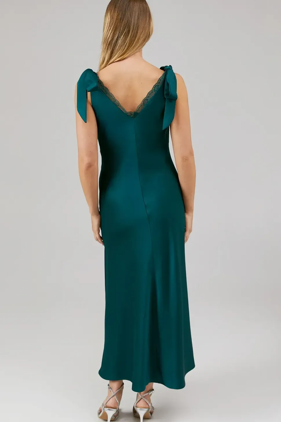 Satin Lace Insert Tie Shoulder Midi Bridesmaids Dress
