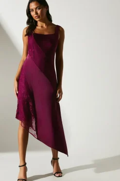 Satin Lace Mix Midi Wedding Guest Dress With Asymmetric Hem