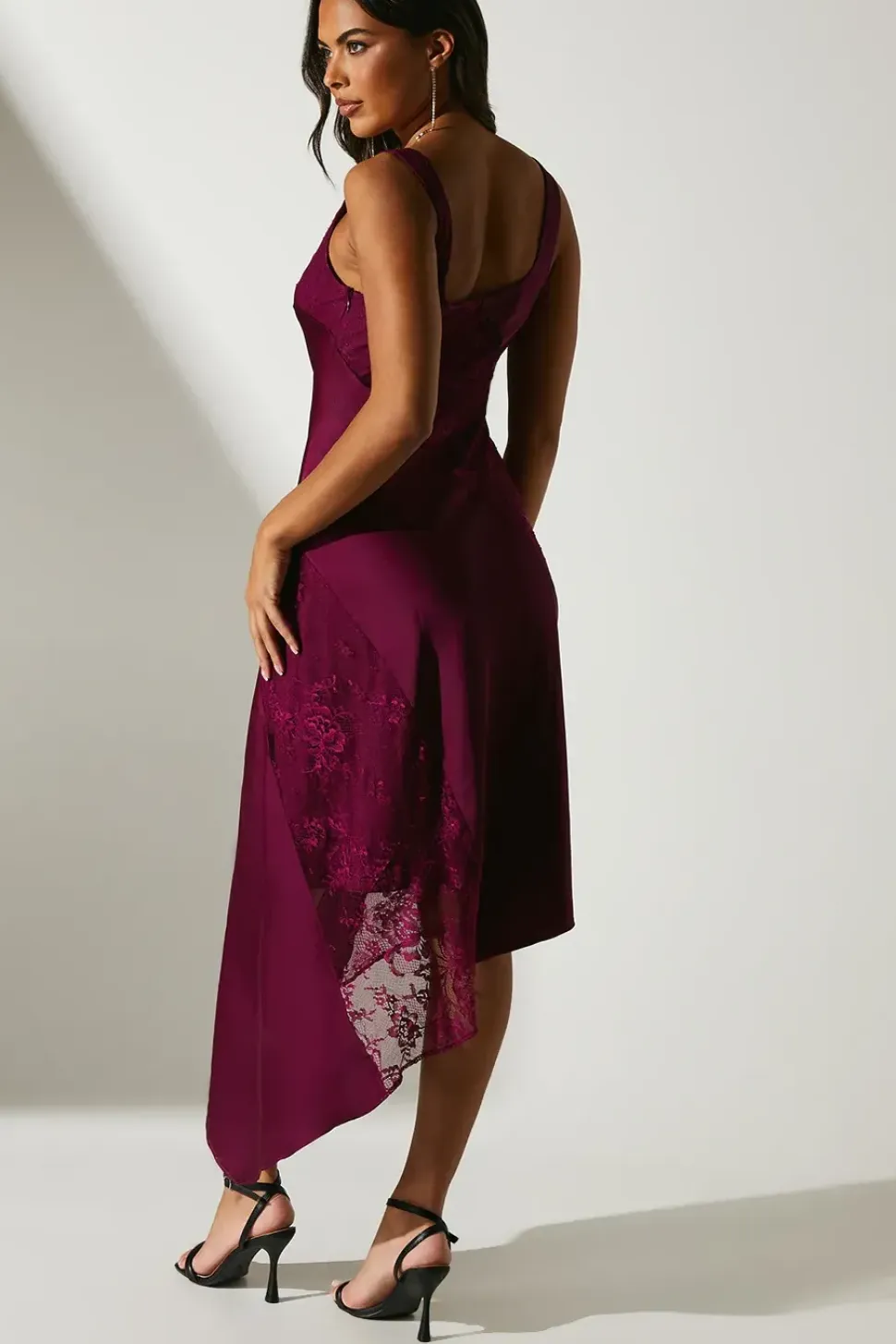 Satin Lace Mix Midi Wedding Guest Dress With Asymmetric Hem