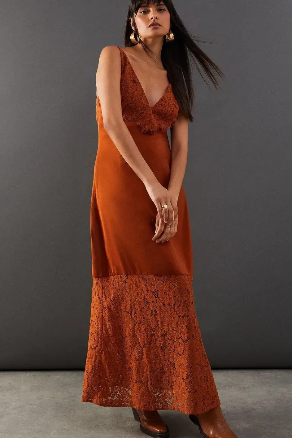 Satin Lace Panelling Maxi Slip Dress