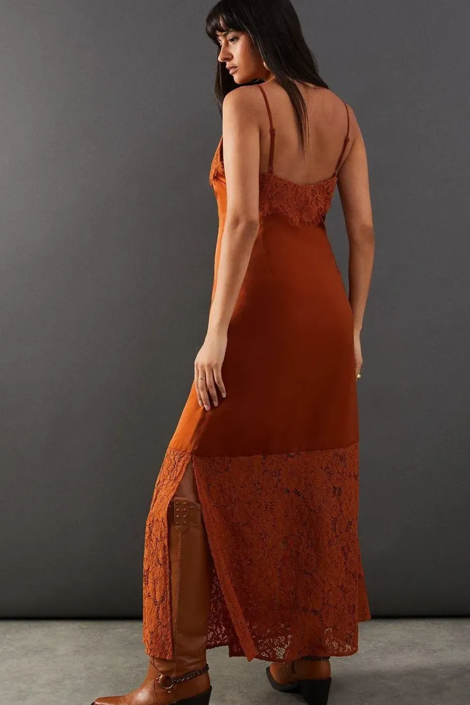 Satin Lace Panelling Maxi Slip Dress