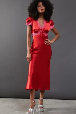 Satin Lace Trim Midaxi Tea Dress