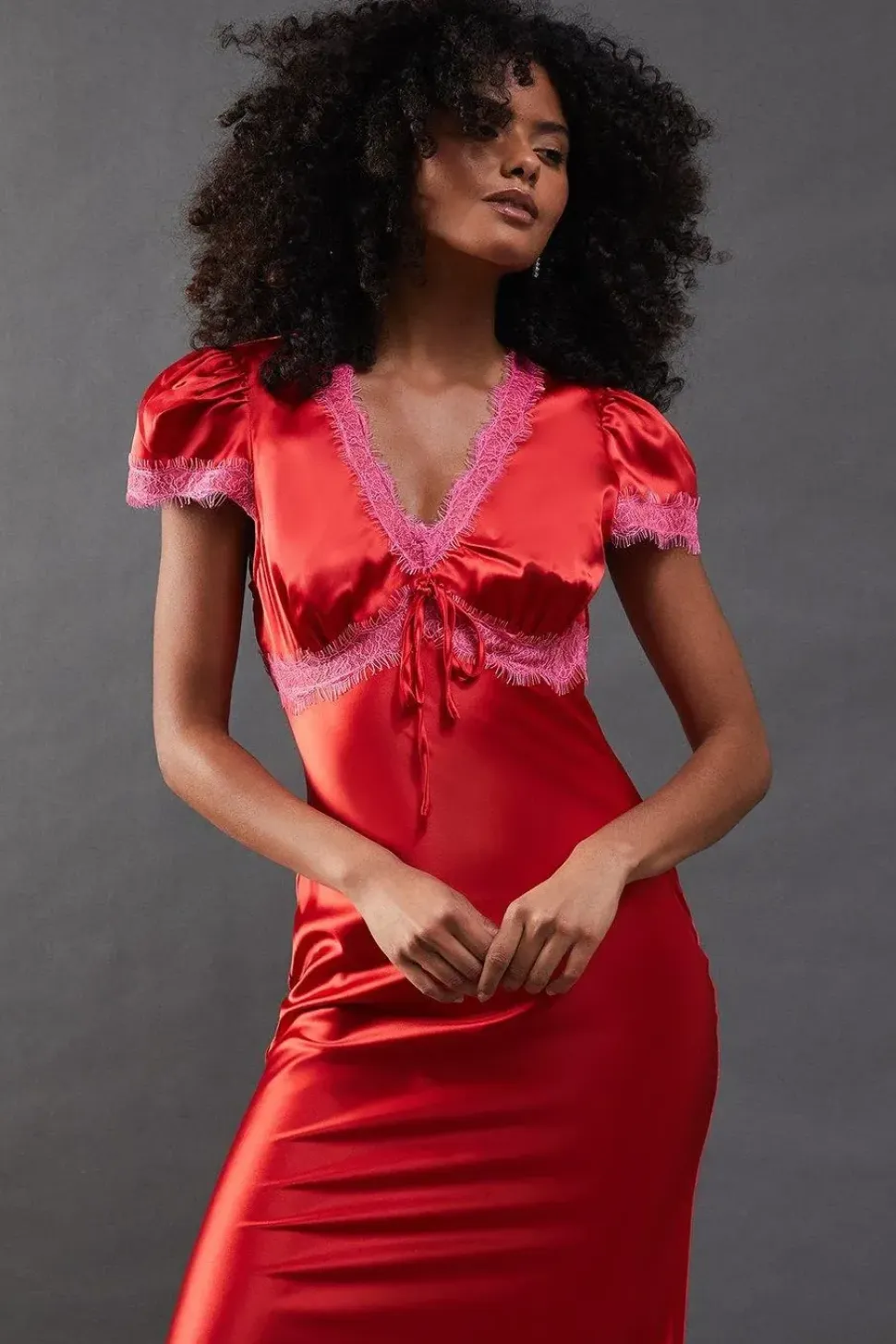 Satin Lace Trim Midaxi Tea Dress