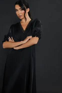 Satin Lace Trim Midi Dress