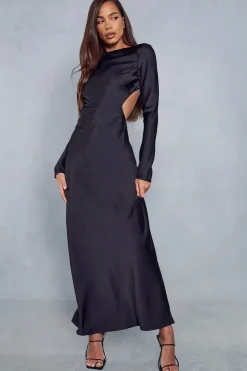 Satin Long Sleeve Backless Slash Neck Maxi Dress