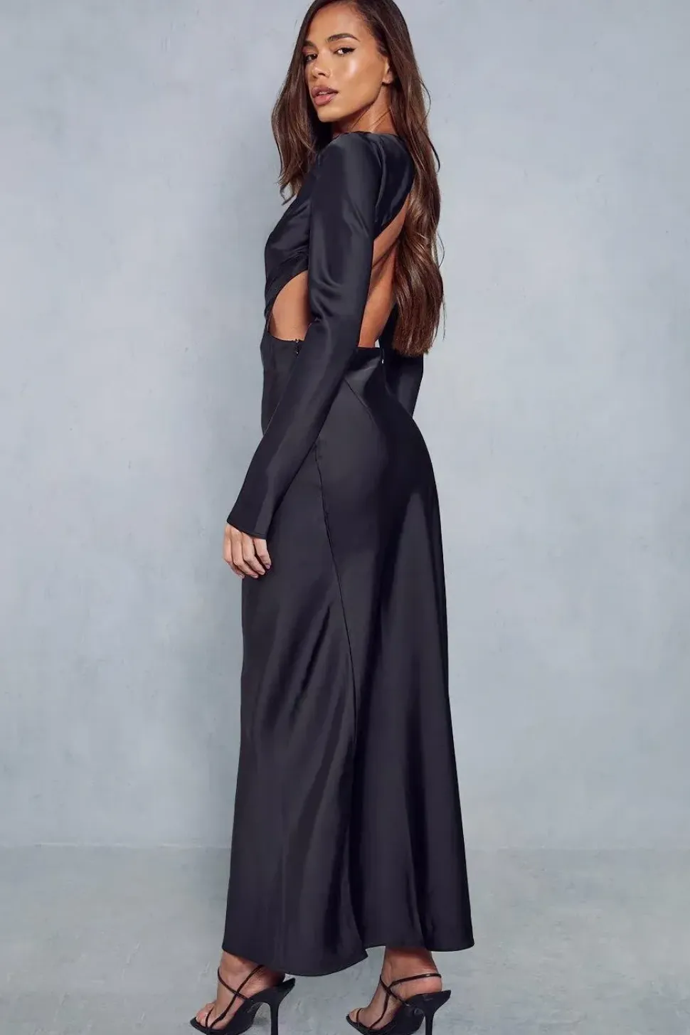 Satin Long Sleeve Backless Slash Neck Maxi Dress