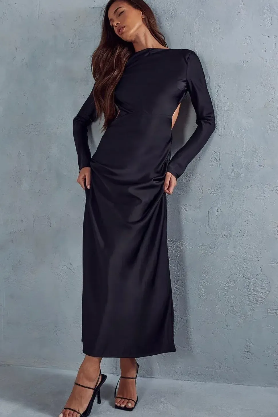 Satin Long Sleeve Backless Slash Neck Maxi Dress