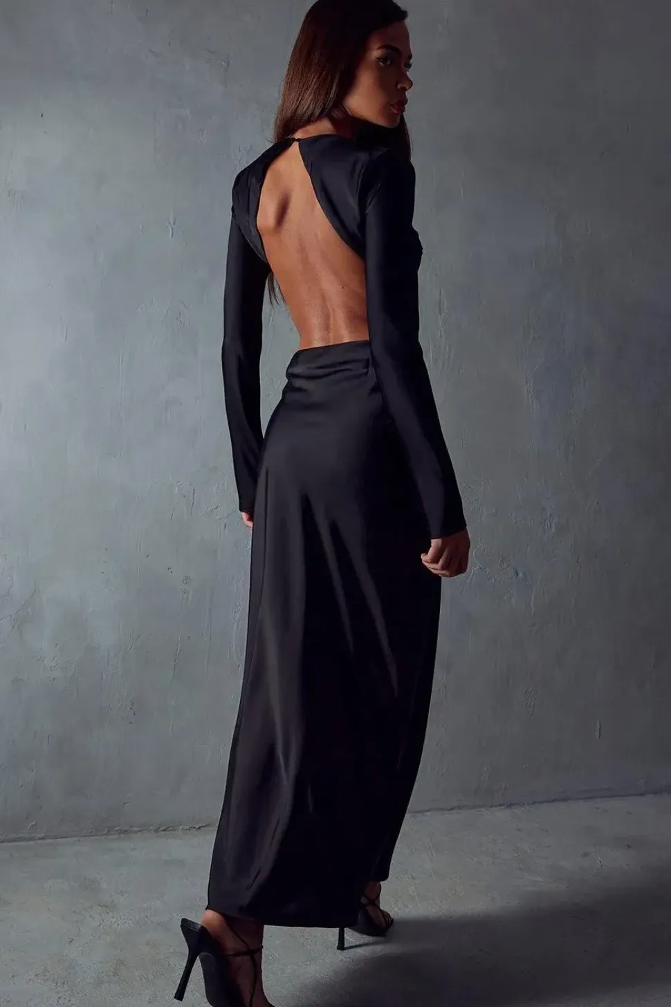 Satin Long Sleeve Backless Slash Neck Maxi Dress