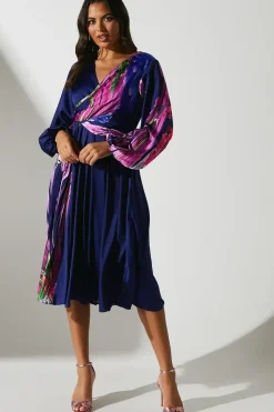 Satin Long Sleeve Printed Midi Wedding Guest Dress