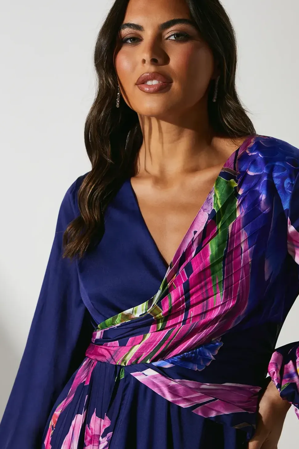 Satin Long Sleeve Printed Midi Wedding Guest Dress