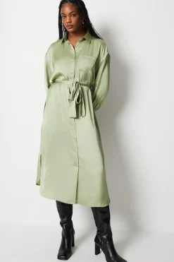 Satin Midi Belted Shirt Dress