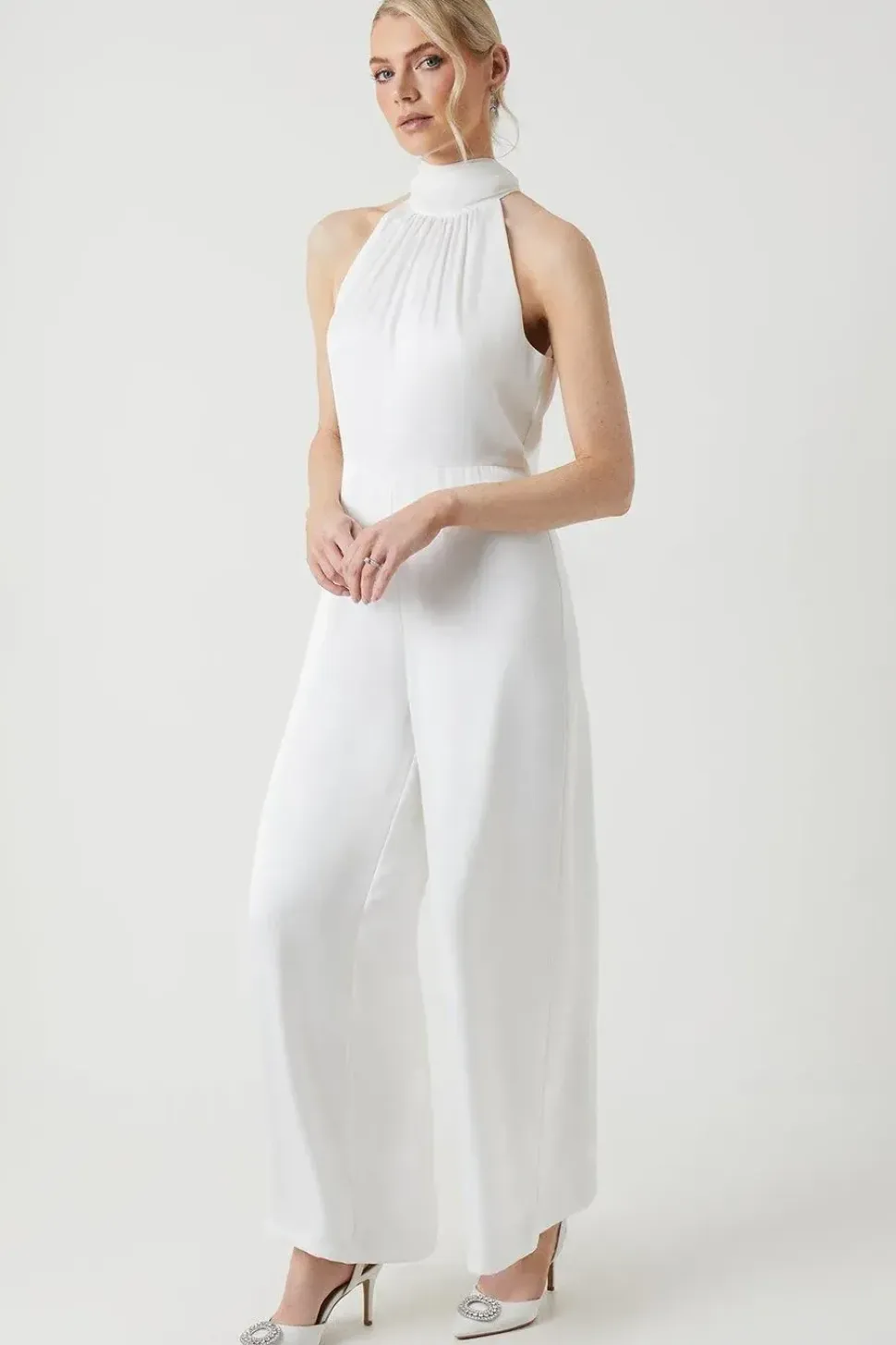 Satin Mix Chiffon Halterneck Bridal Jumpsuit