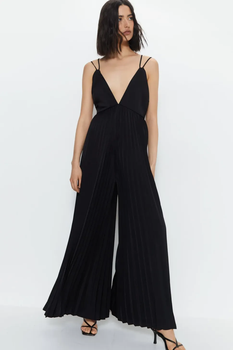 Satin Pleated Wide Leg Jumpsuit