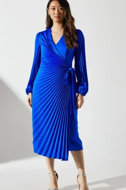 Satin Pleated Wrap Dress