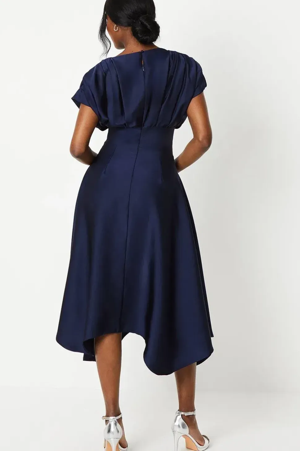 Satin Pleat Shoulder Handkerchief Hem Midi Dress