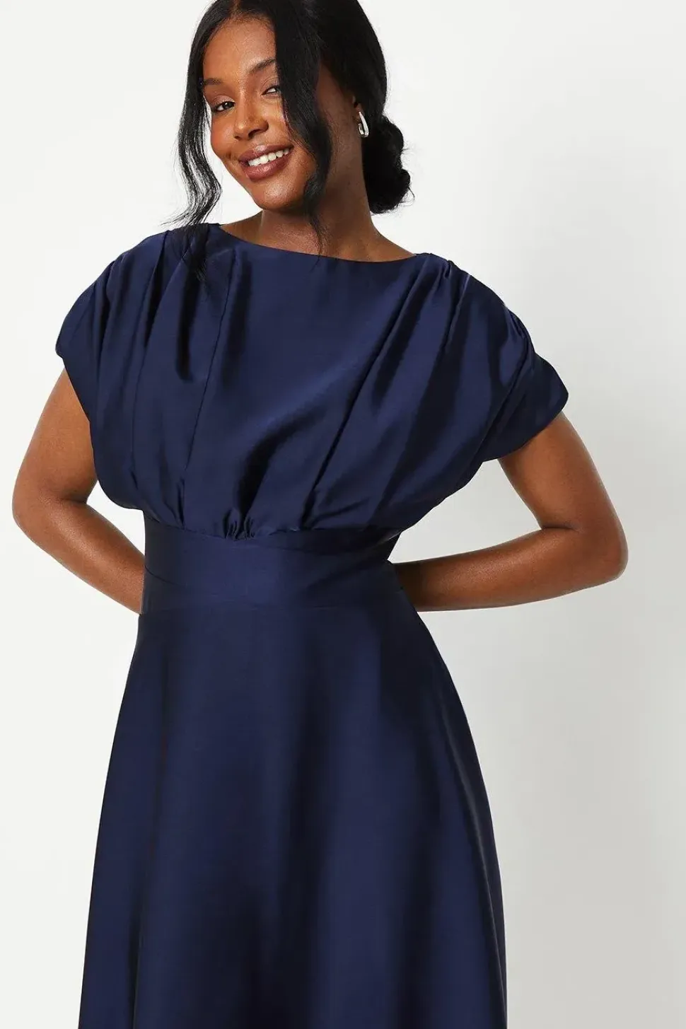 Satin Pleat Shoulder Handkerchief Hem Midi Dress