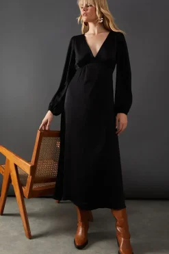 Satin Plunge Neck Midi Dress