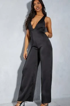 Satin Plunge Underbust Seam Detail Wide Leg Jumpsuit