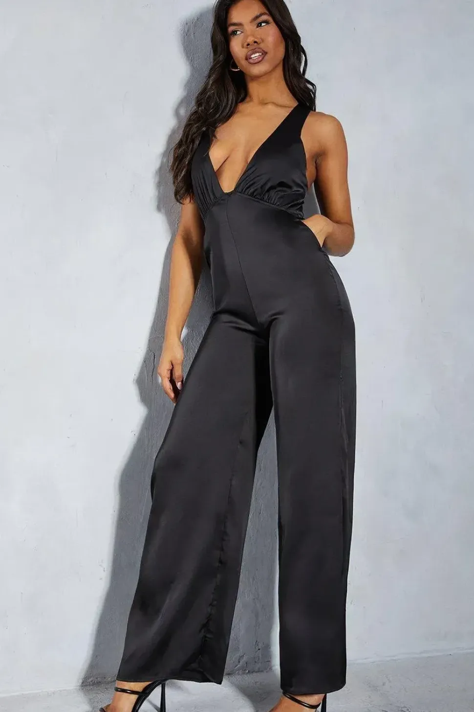 Satin Plunge Underbust Seam Detail Wide Leg Jumpsuit