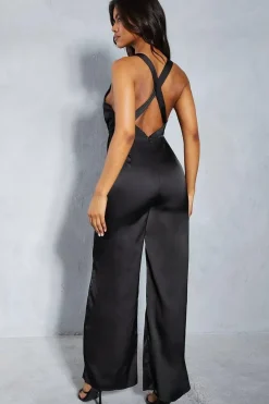 Satin Plunge Underbust Seam Detail Wide Leg Jumpsuit