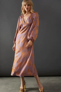 Satin Rose Jacquard Plunge Neck Midi Dress