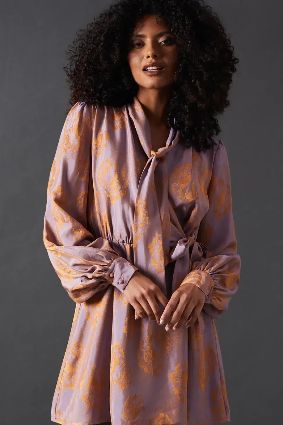 Satin Rose Jacquard Tie Neck Flippy Mini Dress